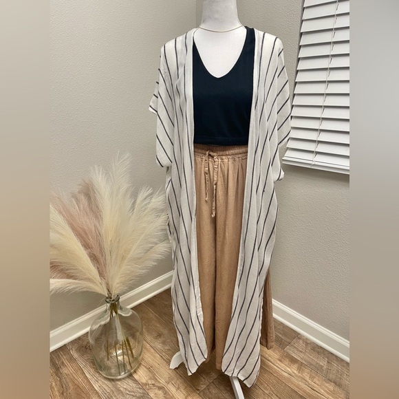 Stripe Black and White Kimono Style Boho Swim Cover Up - Picture 3 of 15